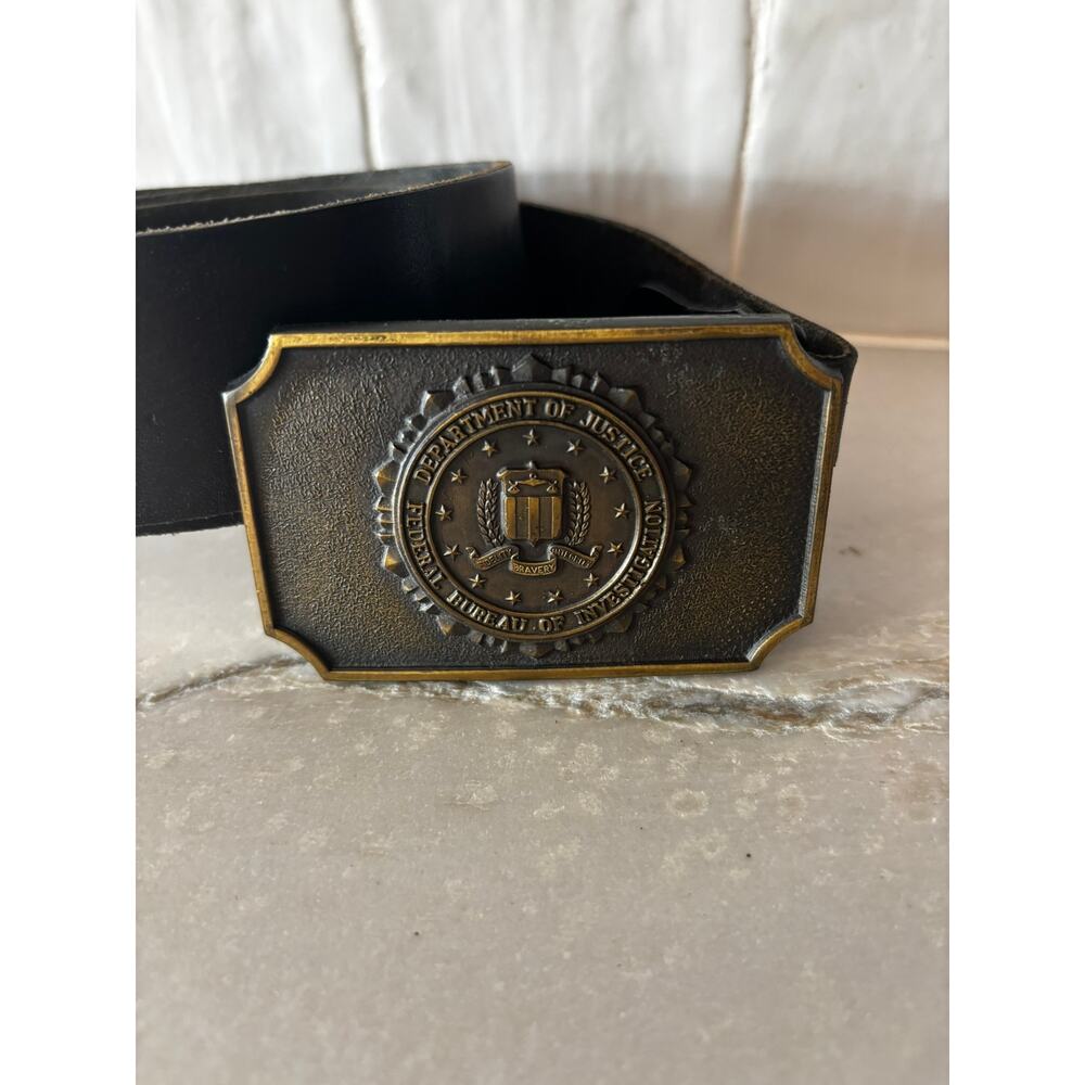 Vintage FBI Belt Buckle Leather Belt Dept Justice USA Brass Law Enforcement
